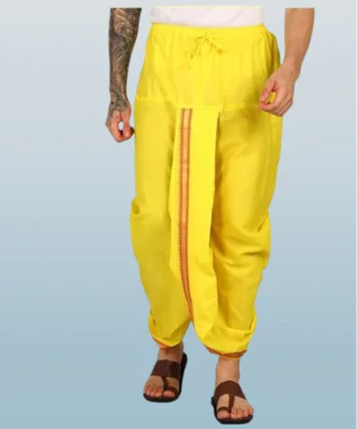 Pure cotton readymade dhoti free size yellow colour with Thick embroidery border - Achleshwar