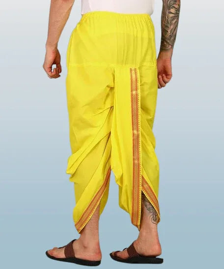 Pure cotton readymade dhoti free size yellow colour with Thick embroidery border - Achleshwar