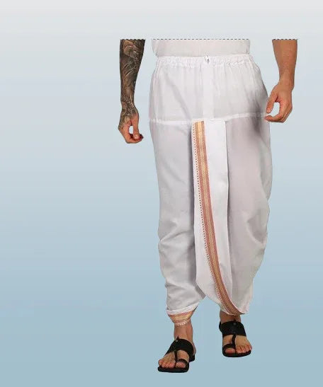 Pure cotton readymade dhoti free size white colour with Thick embroidery border - Achleshwar