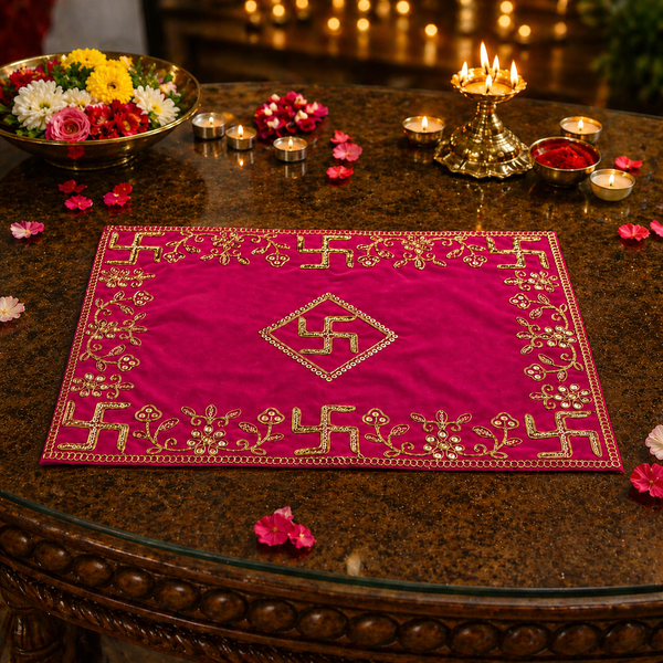 Designer Velvet Embroidered Pink Pooja Aasan Cloth for Mandir | Premium Altar Cover for Temple, Puja Chowki, Home Shrine & Diwali Decoration