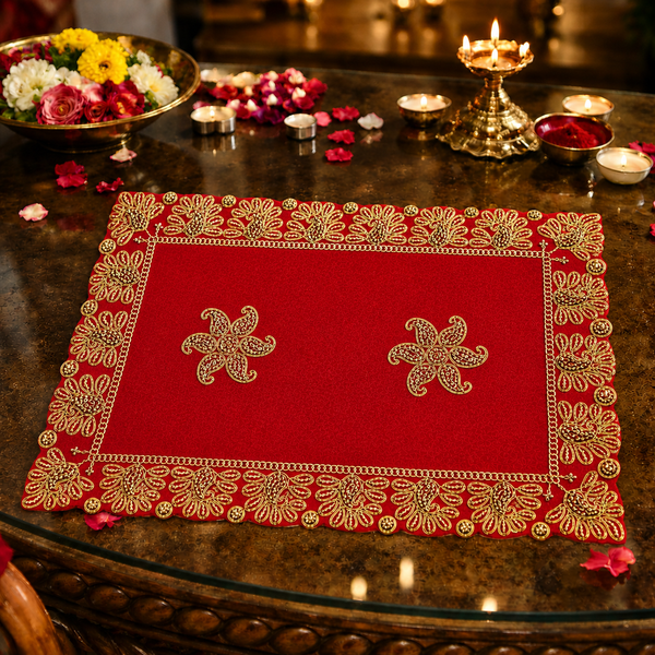 Luxury Designer Velvet Embroidered Red Pooja Aasan Cloth for Mandir | Premium Altar Cover for Temple, Puja Chowki, Home Shrine & Diwali Decoration