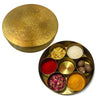 Achleshwar Brass Pooja Box | 7 Dibbi Set for Roli, Chawal, Haldi, Kumkum, Sindoor, Chandan, Turmeric | Traditional Brass Pooja Dani with Lid Holder for Festivals, Vrat & Daily Puja modified this title