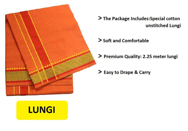 Pure cotton best quality Lungi Orange colour - Achleshwar