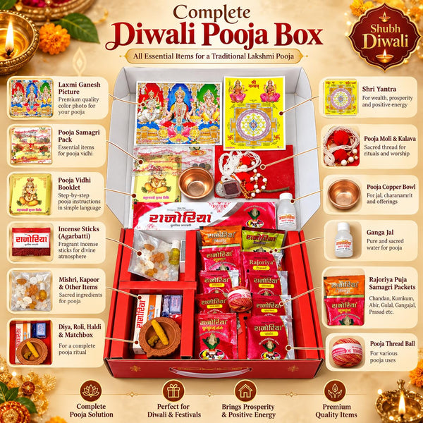 Achleshwar Diwali Lakshmi Puja Samagri Kit Box with 35 Items, Lakshmi Coin, Shri Yantra, Mahalakshmi Photo & Aarti Sangra Book