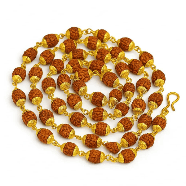 Rudraksha bead mala with gold caps, brown 8mm beads on gold chain