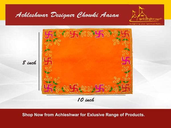 Designer Velvet Embroidered Pooja Aasan Cloth 8x10 inch Orange | Chowki Aasan for God Idol