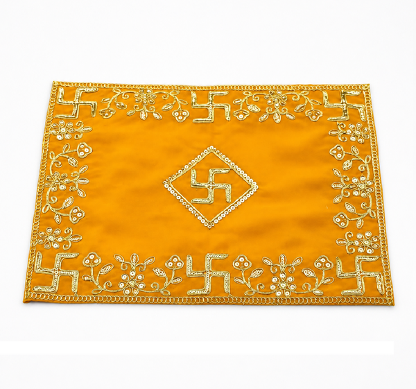 Designer Velvet Embroidered Yellow Pooja Aasan Cloth for Mandir | Premium Altar Cover for Temple, Puja Chowki, Home Shrine & Diwali Decoration