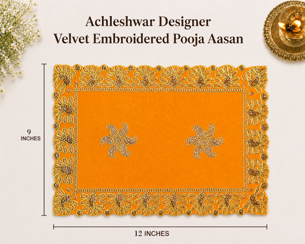 Luxury Designer Velvet Embroidered Yellow Pooja Aasan Cloth for Mandir | Premium Altar Cover for Temple, Puja Chowki, Home Shrine & Diwali Decoration