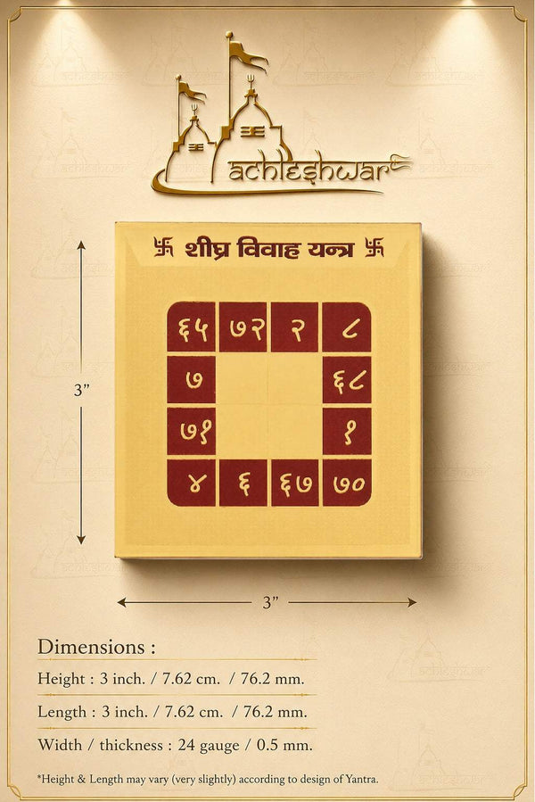 Gold yantra card with maroon grid, header text, and measurement lines