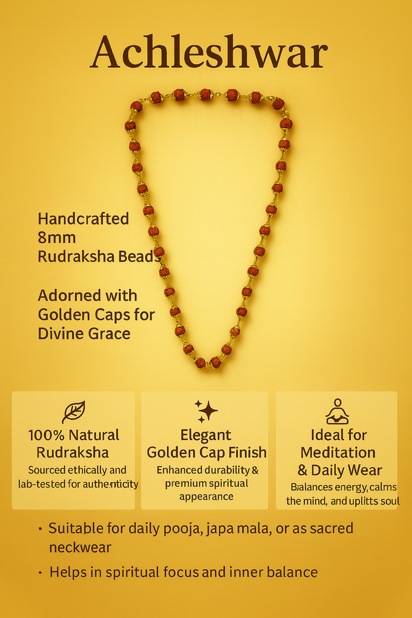 Achleshwar 8mm Rudraksha Mala with Golden Caps | Natural Brown Rudraksha Beads for Men & Women | Spiritual Jaap Mala for Meditation & Daily Wear