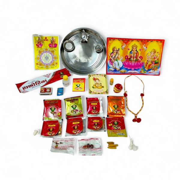 Diwali Lakshmi Pujan thali set with traditional puja samagri