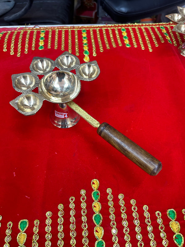 Achleshwar Wooden Handle Brass Panch Aarti Diya/Designer Five Face