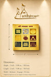 Navgrah yantra dimensions diagram with gold square design and measurement arrows