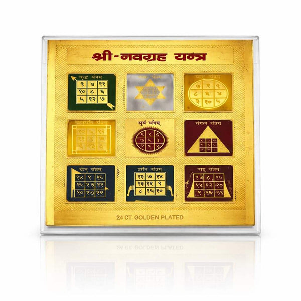 Gold-plated square yantra plaque with nine colored mandala panels in a clear frame