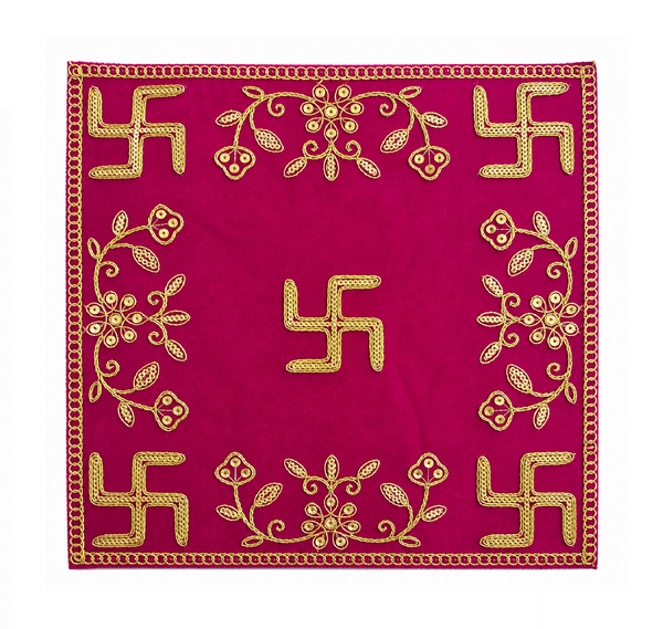 Designer Square Velvet Embroidered Pink Pooja Aasan Cloth for Mandir | Premium Altar Cover for Temple, Puja Chowki, Home Shrine & Diwali Decoration