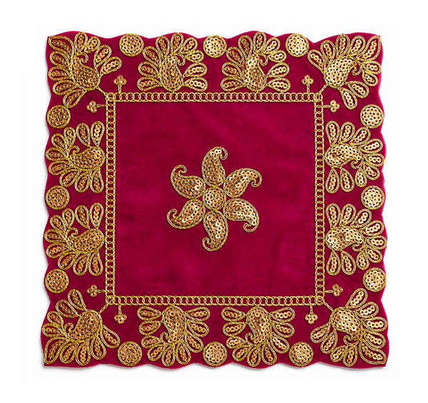 Luxury Designer Square Velvet Embroidered Pink Pooja Aasan Cloth for Mandir | Premium Altar Cover for Temple, Puja Chowki, Home Shrine & Diwali Decoration