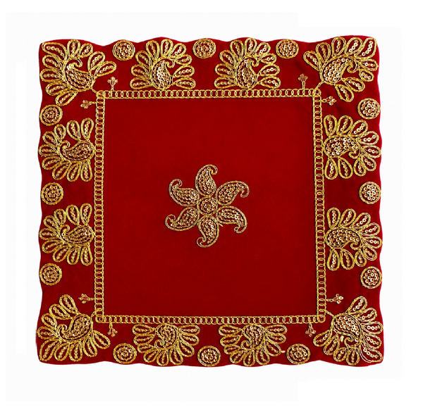 Luxury Designer Square Velvet Embroidered Red Pooja Aasan Cloth for Mandir | Premium Altar Cover for Temple, Puja Chowki, Home Shrine & Diwali Decoration