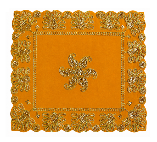Luxury Designer Square Velvet Embroidered Yellow Pooja Aasan Cloth for Mandir | Premium Altar Cover for Temple, Puja Chowki, Home Shrine & Diwali Decoration