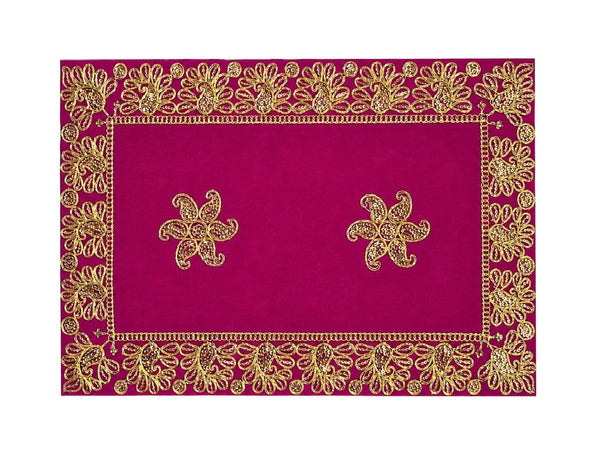 Luxury Designer Velvet Embroidered Pink Pooja Aasan Cloth for Mandir | Premium Altar Cover for Temple, Puja Chowki, Home Shrine & Diwali Decoration