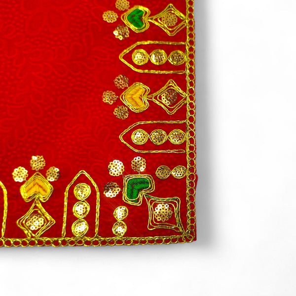Designer Velvet Embroidered Pooja Aasan Cloth 30X40 inch RED | Chowki Aasan for God Idol