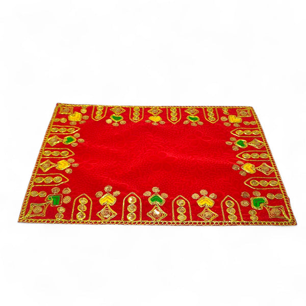 Designer Velvet Embroidered Pooja Aasan Cloth 30X40 inch RED | Chowki Aasan for God Idol