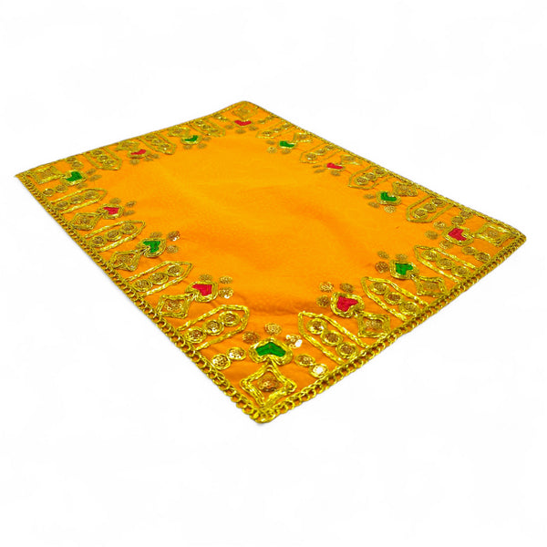 Designer Velvet Embroidered Pooja Aasan Cloth 12X15 inch Yellow | Chowki Aasan for God Idol