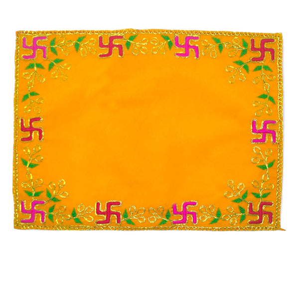 Designer Velvet Embroidered Pooja Aasan Cloth 16x20 inch Yellow | Chowki Aasan for God Idol