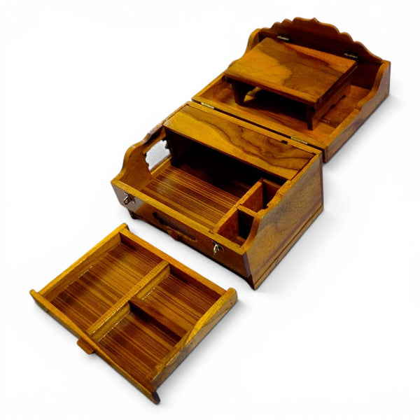 Teak wood jhapiji open with layered trays and side compartments