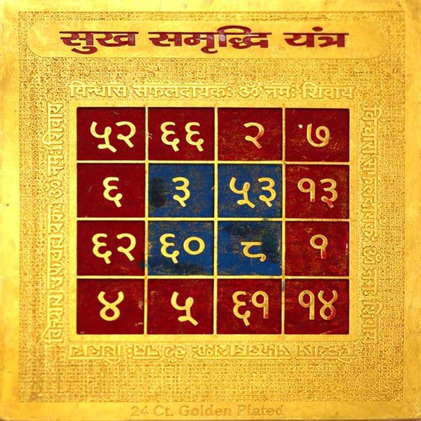 Golden yantra plaque with red grid cells and blue number symbols