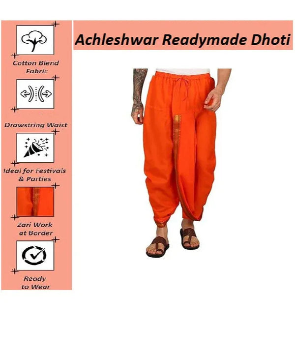 Pure cotton readymade dhoti free size orange colour with Thick embroidery border - Achleshwar