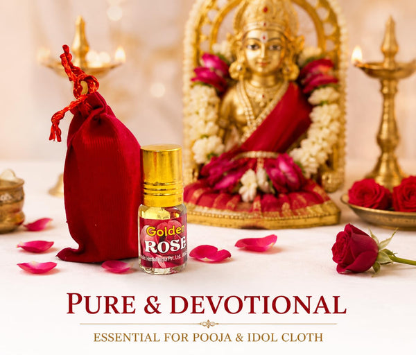 Red pooja pouch and golden attar bottle beside a seated deity idol