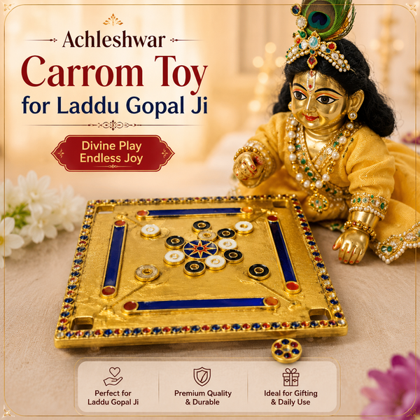 Krishna-themed carrom toy with gold miniature board, coin pieces, and deity figure