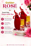 Golden attar bottles with red pooja pouch and rose petals for pooja