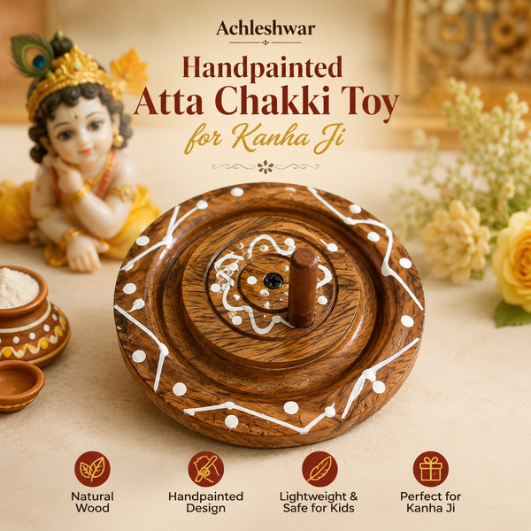 Wooden handpainted atta chakki toy with painted dots, swirl design, and upright handle