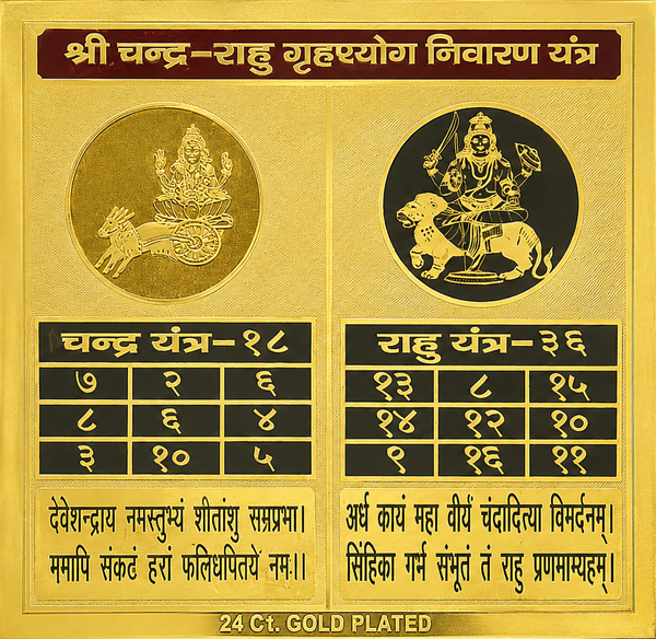 Gold-plated yantra plaque with two deity medallions and black astrological squares