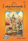 Illustrated Durga Saptashati book cover, seated Durga on lion with many arms