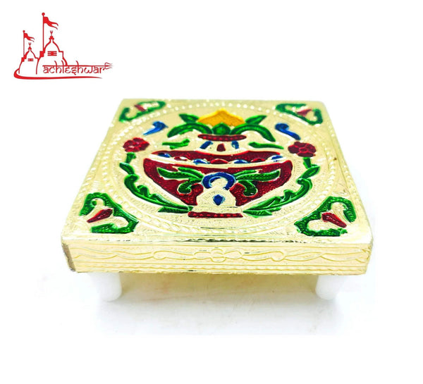 Gold square decorative chowki with embroidered crest motif in green and red, four feet