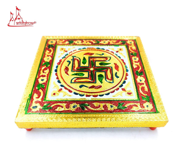 Embroidered square chowki with gold frame and geometric emblem center