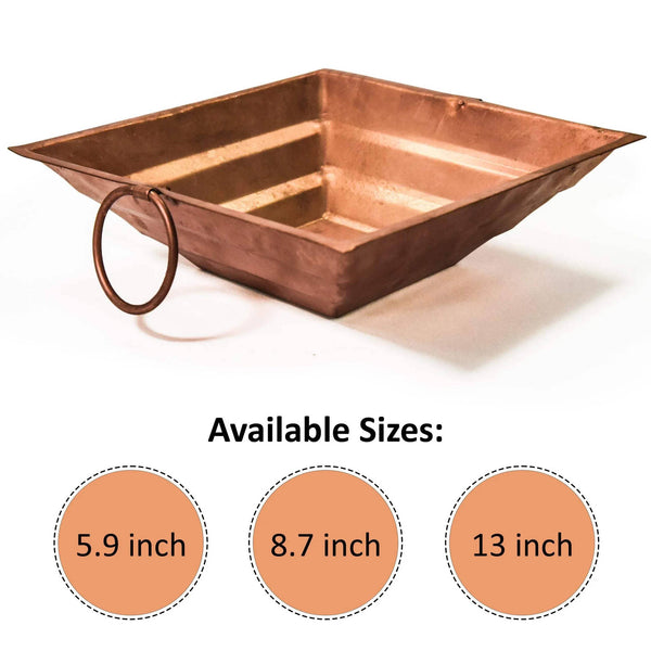 Copper hawan kund with loop handle, empty square basin