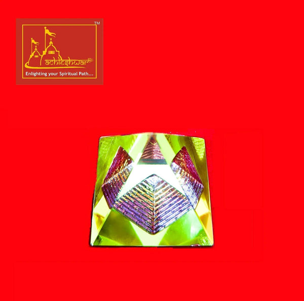 Iridescent crystal pyramid decoration on square base, gold green and purple facets