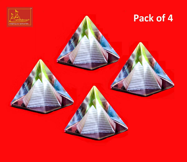 Small crystal pyramid set, four multicolor pyramids with green tops and silver sides