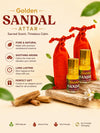 Sandal attar fragrance set with gold bottles, red pouch, and sandalwood sticks.