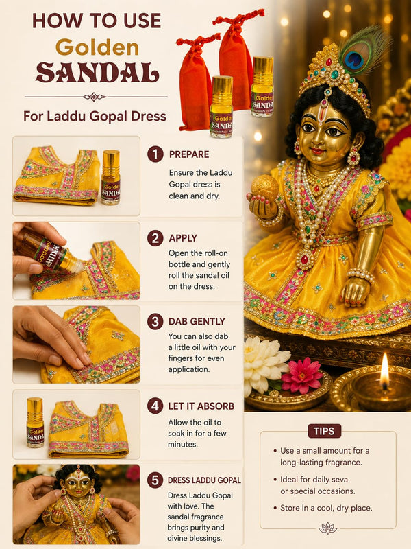 Sandalwood attar roll-on bottles with devotional idol, shown with how-to-use steps