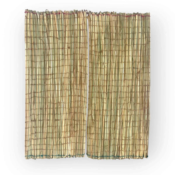Decorative darbha grass mat, rectangular woven sheet in green and straw tones