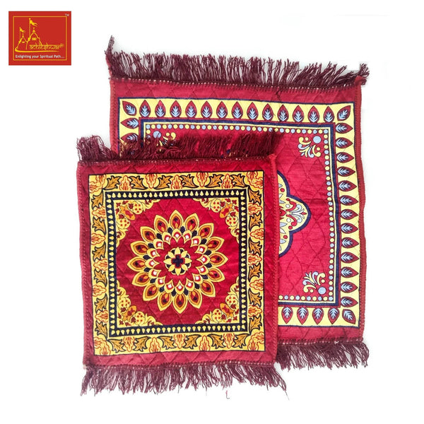 Velvet mandir mat set with two maroon square mats, ornate borders and tassel fringe