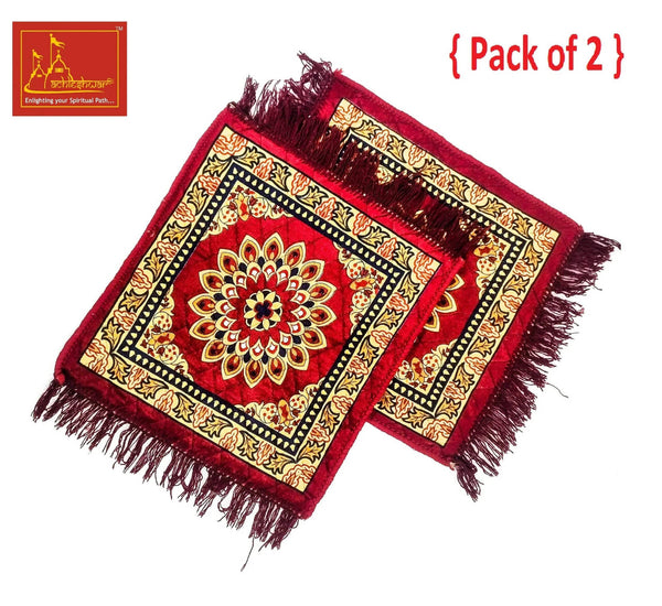 Velvet pooja mat in burgundy with square mandala, gold trim, long tassel fringe