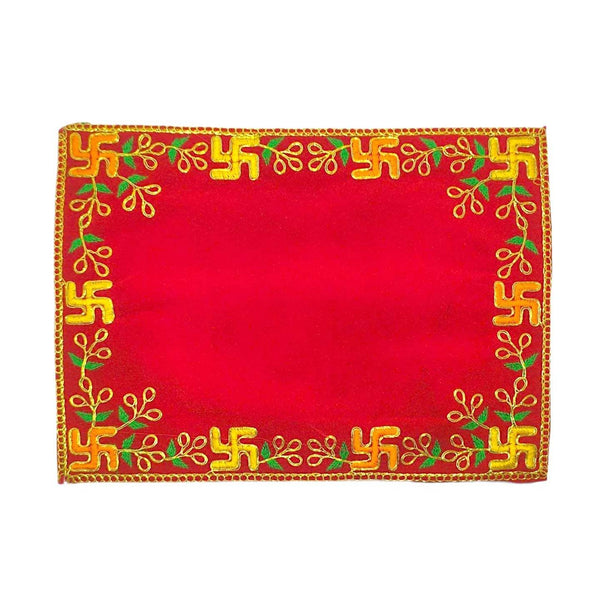 Red velvet pooja aasan with ornate gold thread floral border, square shape