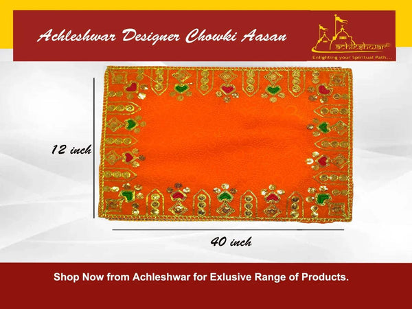 Orange velvet pooja aasan cloth with gold and green embroidered border and motifs