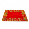 Red velvet puja asan cloth with gold border and multicolor embroidered motifs