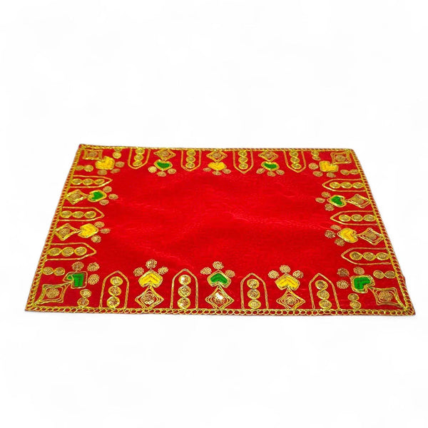 Red velvet puja asan cloth with gold border and multicolor embroidered motifs